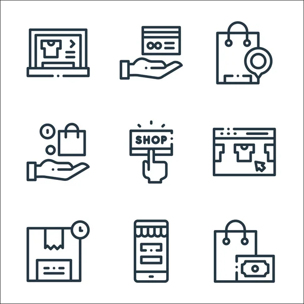 Online Shopping Line Pictogrammen Lineaire Verzameling Kwaliteit Vector Lijn Set — Stockvector