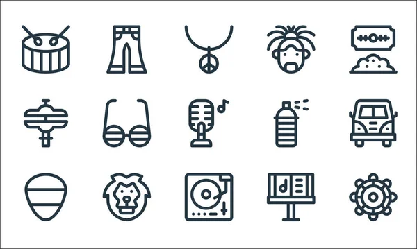 reggae line icons. linear set. quality vector line set such as tambourine, turntable, guitar pick, music stand, lion, cymbal, spray paint, dreadlocks, pants
