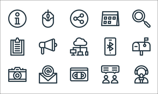 communication and media line icons. linear set. quality vector line set such as news reporter, vhs, camera, consultant, email, clipboard, tooth, calendar, computer mouse