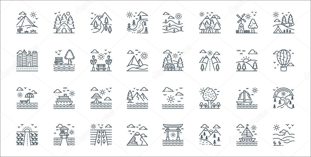 nature and landscape line icons. linear set. quality vector line set such as desert, landscape, mountains, field, boat, beach, hot air balloon, village, garden