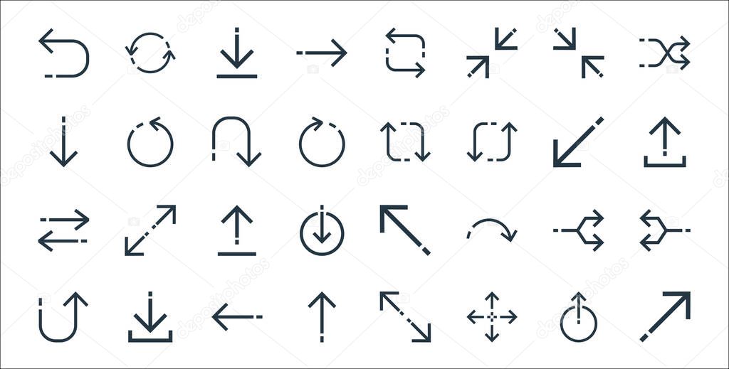 arrows line icons. linear set. quality vector line set such as diagonal arrow, resize, up arrow, returning, junction, upload, upload file, recycling, rotating arrow