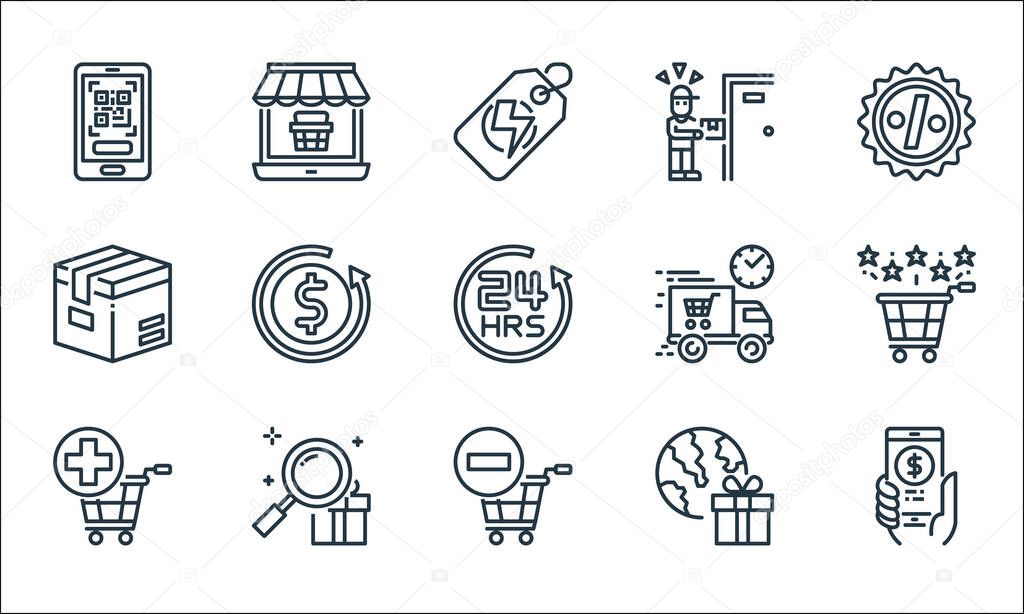 online shopping line icons. linear set. quality vector line set such as online payment, add to cart, searching, delivery box, fast delivery, delivery man, online