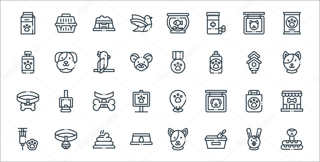 pets line icons. linear set. quality vector line set such as snake, sandbox, dog food, syringe, bag, collar, cat, badge, dog