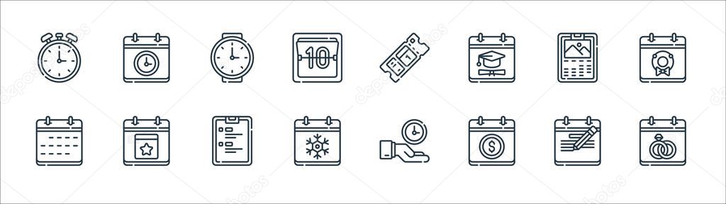 calendar and date line icons. linear set. quality vector line set such as wedding day, pay day, winter, calendar, wall calendar, wristwatch, ticket, time