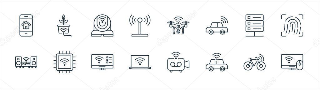 internet of things line icons. linear set. quality vector line set such as smart tv, car, laptop, hifi, server, cctv camera, camera drone, smart farm
