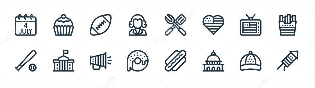 th of july line icons. linear set. quality vector line set such as fireworks, capitol, doughnut, baseball bat, tv, barbecue, cupcake