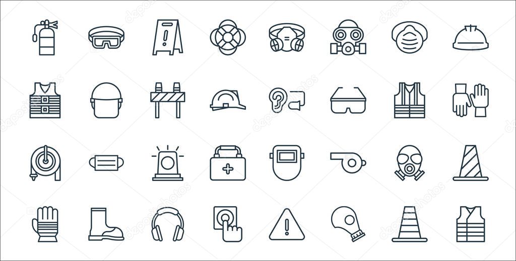 flat rescue and protective line icons. linear set. quality vector line set such as vest, gas mask, fire button, glove, gas mask, siren, gloves, ear plug, police helmet