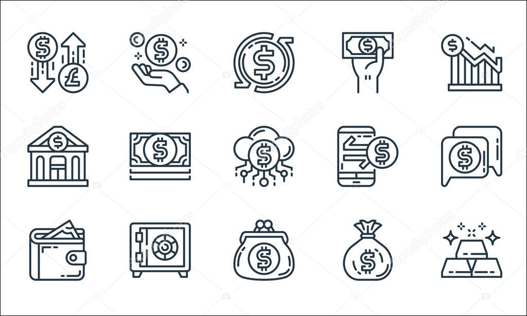 money and currency line icons. linear set. quality vector line set such as gold bars, coin purse, wallet, money bag, safe box, bank, mobile banking, payment method, money