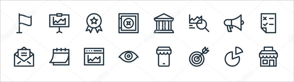 digital marketing line icons. linear set. quality vector line set such as store, target, view, email, megaphone, medal, bank, presentation