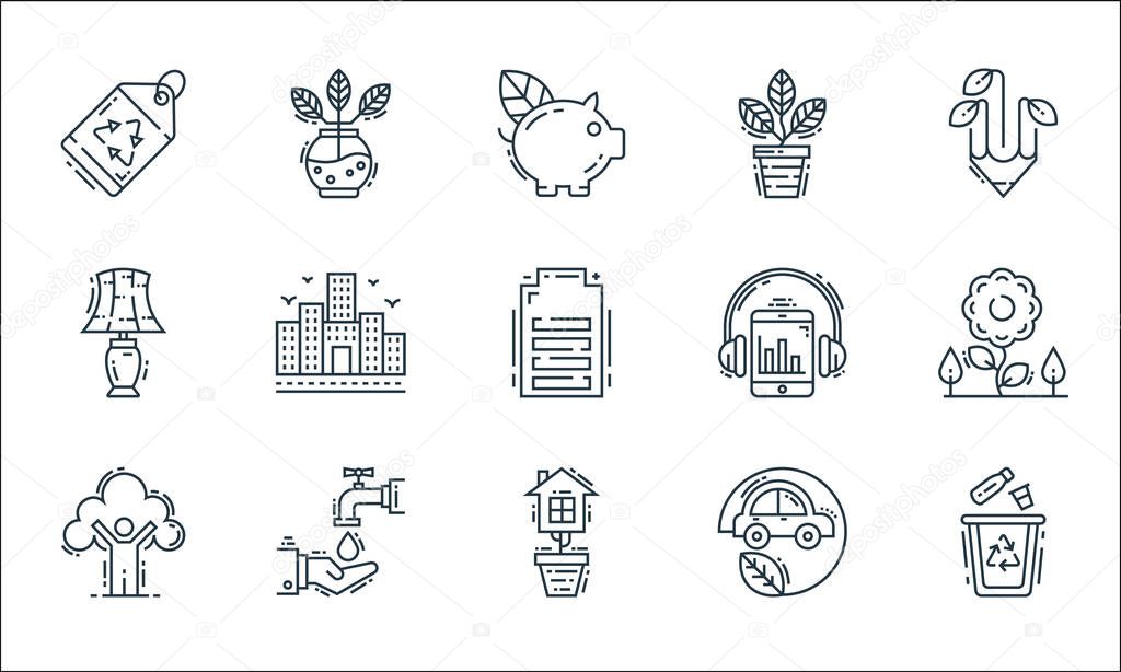 environment and eco line icons. linear set. quality vector line set such as recycle, eco house, ecologic, eco car, save water, table lamp, listening, flower pot, plant