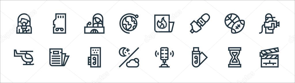 news line icons. linear set. quality vector line set such as clapperboard, usb, weather, helicopter, news, news reporter, hot, memory card