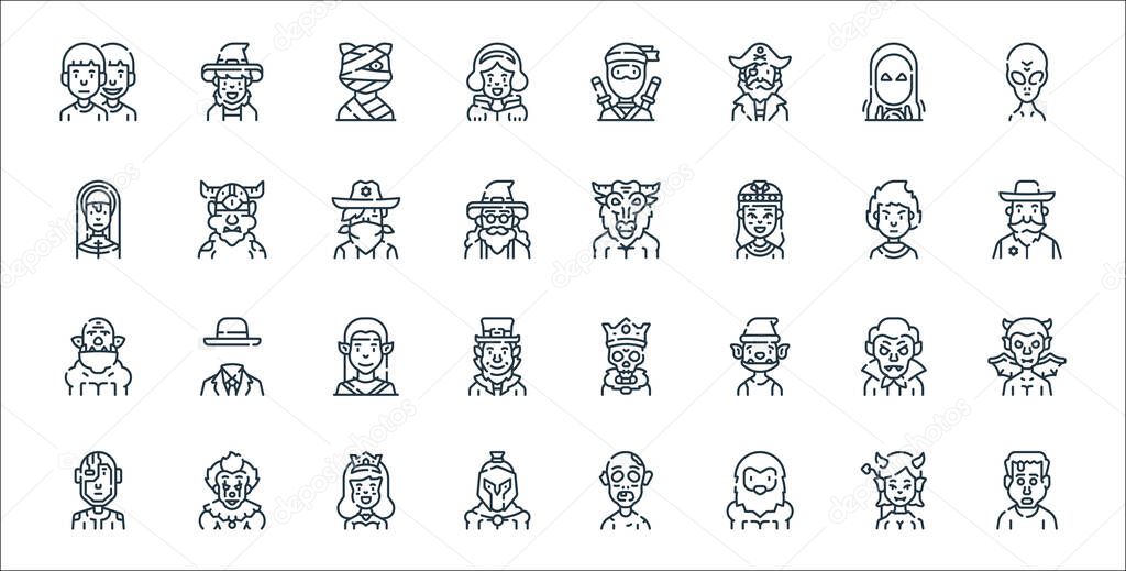 fantastic characters line icons. linear set. quality vector line set such as zombie, bigfoot, spartan, cyborg, vampire, elf, sheriff, minotaur, cyclops