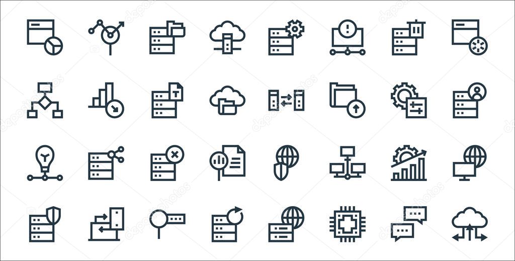 big data line icons. linear set. quality vector line set such as cloud storage, data, refresh, database, data analytics, computing, database, transfer, decrease