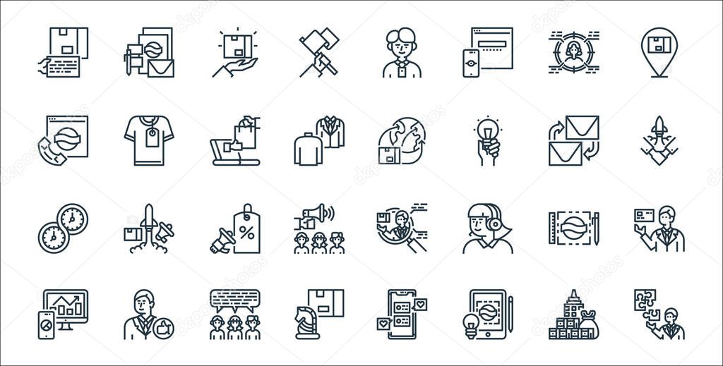 branding line icons. linear set. quality vector line set such as jigsaw, creative, strategy, analysis, promotion, partner, distribution, product