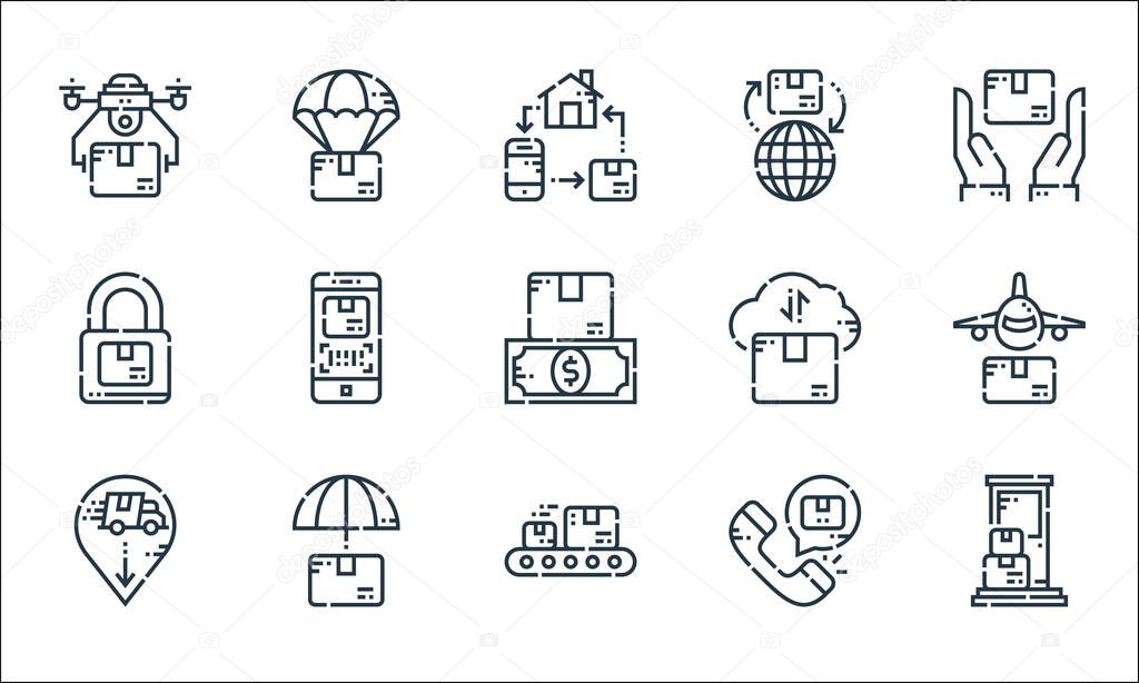 delivery line icons. linear set. quality vector line set such as delivery, conveyor, delivery truck, call center, insurance, package, cloud computing, global, airdrop