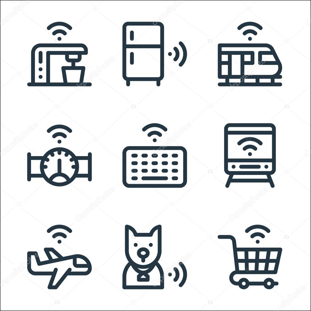 internet of things line icons. linear set. quality vector line set such as shopping cart, tracker, airplane, train, smart keyboard, smart meter, high speed train, smart refrigerator