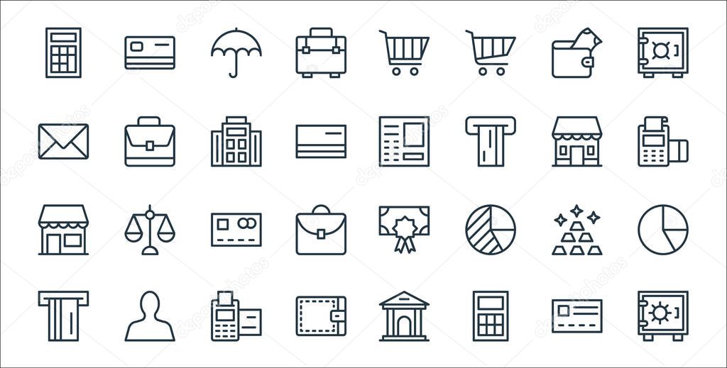 banking and finance line icons. linear set. quality vector line set such as vault, calculator, wallet, atm machine, gold stack, cit card, pos terminal, atm machine, portfolio