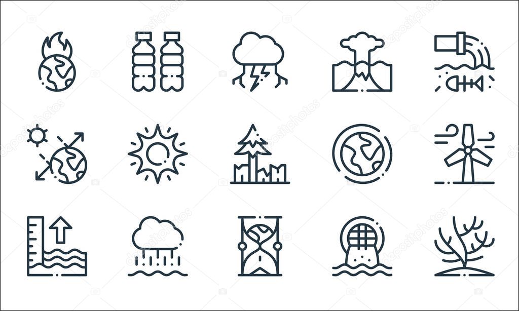 climate change line icons. linear set. quality vector line set such as coral, hourglass, tide, urban, rain, solar, ozone layer, eruption, plastic