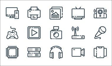 Multimedya ve elektronik hat simgeleri. Doğrusal küme. Akıllı telefon, kulaklık, işlemci, video kamera, sunucu, joystick, modem, televizyon, yazıcı gibi kalite vektör dizileri