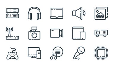 Multimedya ve elektronik hat simgeleri. Doğrusal küme. İşlemci, müzik, joystick, mikrofon, bilgisayar, modem, tablet, ses, kulaklık gibi kalite vektör dizileri
