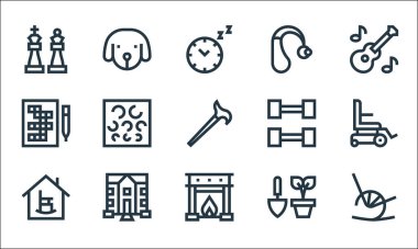 emeklilik ev çizgisi simgeleri. Doğrusal küme. Sallanan sandalye, şömine, emeklilik evi, saksı, huzurevi, bulmaca, spor salonu, işitme cihazı, köpek gibi kalite vektör dizileri