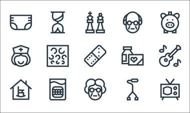 emeklilik ev çizgisi simgeleri. Doğrusal küme. TV, büyükanne, huzurevi, baston, takma diş, hemşire, ilaç, yaşlılar, kum saati gibi kalite vektör dizileri