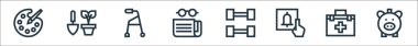 emeklilik ev çizgisi simgeleri. Doğrusal küme. Kaliteli vektör çizgisi, domuz kumbarası, ilk yardım çantası, alarm, spor salonu, gazete, bebek bakıcısı, saksı gibi.