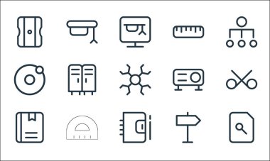 Okul eğitim çizgisi simgeleri. Doğrusal küme. Arama dosyası, not defteri, defter, cetvel, güneş sistemi, projektör, cetvel, havan topu gibi kalite vektör satırı kümesi