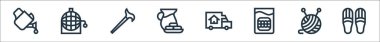 emeklilik ev çizgisi simgeleri. Doğrusal küme. Terlik, yün, takma diş, nakliye kamyonu, yiyecek ve içecek, kamış, bingo gibi kalite vektör çizgileri