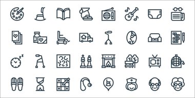 emeklilik ev çizgisi simgeleri. Doğrusal küme. Büyükanne, hemşire, işitme cihazı, terlik, televizyon, göz testi, bulmaca, baston, ilaç gibi kalite vektör dizileri