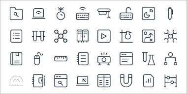 Okul eğitim çizgisi simgeleri. Doğrusal küme. Abaküs, mıknatıs, defter, cetvel, laboratuar, cetvel, molekül, video oynatıcı, tüpler gibi kalite vektör çizgisi kümesi