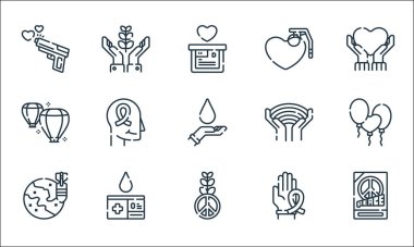 Umut çizgisi simgeleri. Doğrusal küme. Barış, barış, dünya çapında barış, kurdele, kan bağışı kartı, fener, gökkuşağı, el bombası, umut gibi kalite vektör çizgisi