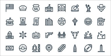 Amerika Birleşik Devletleri çizgi simgeleri. Doğrusal küme. Washington anıtı, bina, Amerika, dolar, çöl, balkabağı, slot makinesi, Hollywood yıldızı, ABD gibi kalite vektör dizileri