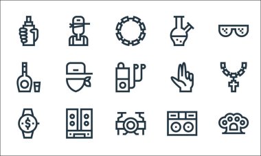 Hip hop çizgisi simgeleri. Doğrusal küme. Pirinç muşta, davul seti, kol saati, dj mikser, hoparlörler, viski, el, bong, rapçi gibi kalite vektör dizileri