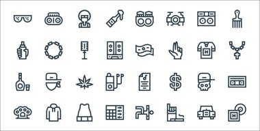 Hip hop çizgisi simgeleri. Doğrusal küme. Kaliteli vektör çizgisi: lp, sigara, ses karıştırıcı, pirinç muşta, kafatası, marihuana, kolye, para, zincir