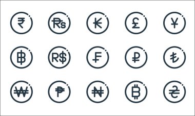 Döviz çizgisi simgeleri. Doğrusal küme. Hryvnia, naira, won, bitcoin, cuba, thai baht, ruble, pound, rupee gibi kalite vektör çizgisi kümesi