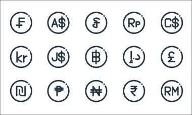 Döviz çizgisi simgeleri. Doğrusal küme. Malezya ringgit, naira, shekel, rupee, cuba, Danimarka kronu, Birleşik Arap Emirlikleri, Endonezya Rupiah doları,