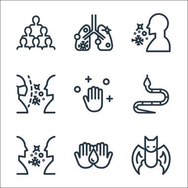 Koronavirüs çizgisi simgeleri. Doğrusal küme. Yarasa, el yıkama, enfeksiyon, yılan, temizlik, koruma, bakteri, hastalık gibi kalite vektör çizgisi