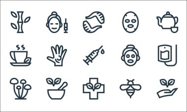 Alternatif tıp çizgisi simgeleri. Doğrusal küme. El, haç, mantar, arı, havan, bitkisel çay, cilt bakımı, yüz maskesi, mezoterapi gibi kalite vektör çizgisi