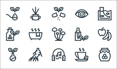 Alternatif tıp çizgisi simgeleri. Doğrusal küme. Bal, müzik terapisi, bitkisel çay, ginseng, homeopati, temel yağ, hipnoz, tütsü gibi kalite vektör dizileri