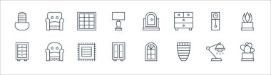 İç mekan çizgisi simgeleri. Doğrusal küme. Kaktüs, vazo, dolap, dolap, büyükbaba saati, pencere, ayna, koltuk gibi kalite vektör dizileri