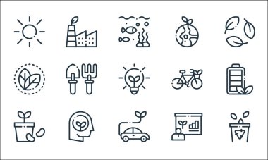 Ekoloji çizgisi simgeleri. Doğrusal küme. Çöp, araba, tohum, seminer, düşünme, yaprak, bisiklet, ekoloji, ekoloji gibi kalite vektör çizgisi kümesi