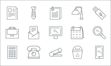ofis ögeleri satır simgeleri. Doğrusal küme. Telefon, zımba, hesap makinesi, çöp kutusu, telefon, bavul, takvim, masa lambası, kravat gibi kalite vektör dizileri