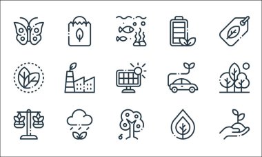 Ekoloji çizgisi simgeleri. Doğrusal küme. Ekolojik, ağaç, ekoloji, biyolojik, hava, yaprak, araba, enerji, kağıt torbaları gibi kalite vektör çizgisi kümesi