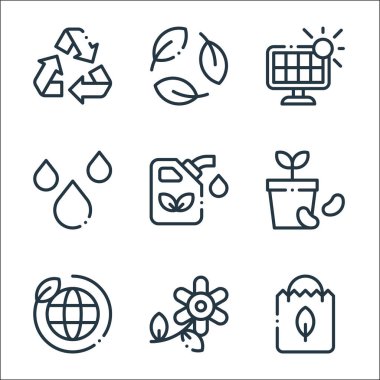 Ekoloji çizgisi simgeleri. Doğrusal küme. Kese kağıdı, çiçek, çevre, tohum, eko yakıt, su, güneş paneli, ekoloji gibi kalite vektör çizgisi
