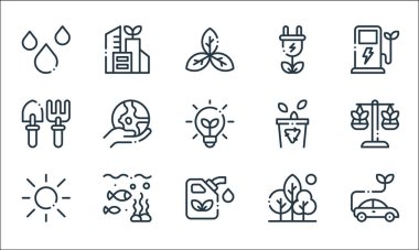 Ekoloji çizgisi simgeleri. Doğrusal küme. Kaliteli vektör çizgisi: araba, eko yakıt, güneş, doğa, okyanus, bahçe aletleri, çöp, enerji, şehir
