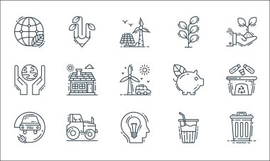 Çevre ve çevre çizgisi simgeleri. Doğrusal küme. Çöp kutusu, yaratıcı fikir, elektrikli araba, içki, traktör, ekoloji, domuz kumbarası, bitki, ekoloji gibi kalite vektör dizileri