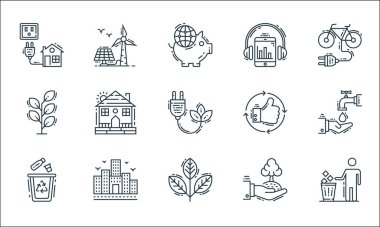 Çevre ve çevre çizgisi simgeleri. Doğrusal küme. Çöp kutusu, bitki, geri dönüşüm, ekoloji, bina, bitki, başparmak yukarı, dinleme, rüzgar enerjisi gibi kalite vektör çizgisi kümesi