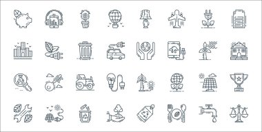 Çevre ve çevre çizgisi simgeleri. Doğrusal küme. Denge ölçeği, ekolojik gıda, ekoloji, tamir araçları, güneş paneli, traktör, çiftlik evi, ekoloji, enerji gibi kalite vektör çizgisi kümesi