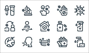 Virüs bulaşma çizgisi simgeleri. Doğrusal küme. El yıkama, tıbbi maske, salgın hastalık, eldiven, öksürük, enfeksiyon, ilaç, el, araştırma gibi kalite vektör dizileri